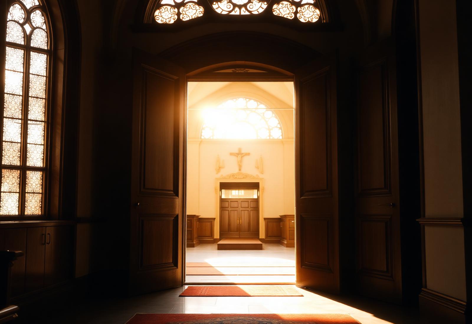 Puertas abiertas de la iglesia con luz cálida